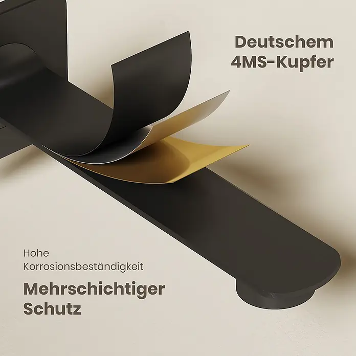 Emke Waschtischarmatur Slimtrim XF28 - Schwarz, Matt - Moderner schwarzer Armaturen-Bestandteil, der seine Mehrschichtkonstruktion mit einem goldenen 4MS-Kupferkern zeigt, für hohe Korrosionsbeständigkeit.
