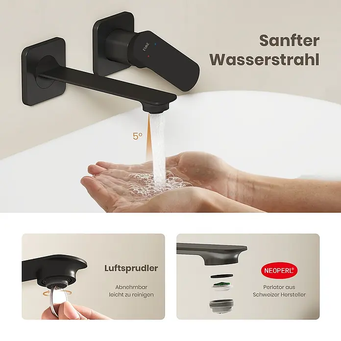 Emke Waschtischarmatur Slimtrim XF28 - Schwarz, Matt - Schwarze Wandarmatur mit sanftem 5° Wasserstrahl in Hände. Abnehmbarer Luftsprudler von Neoperl für leichte Reinigung.