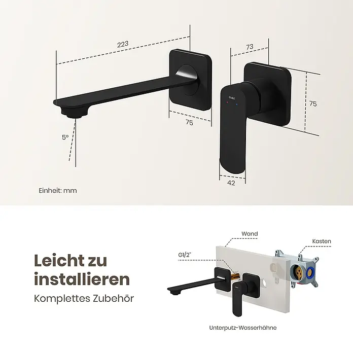 Emke Waschtischarmatur Slimtrim XF28 - Schwarz, Matt - Schwarze Unterputz-Waschtischarmatur mit Maßen und Installationsschema.