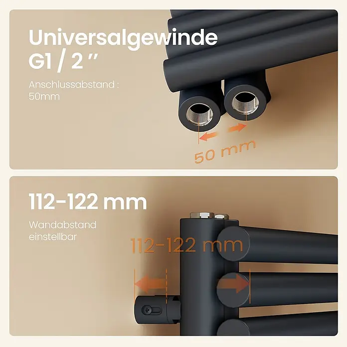 Emke Badheizkörper Orbrad SFTR5 - Anthrazit - Dunkelgraue Heizkörperanschlüsse mit Universal-G1/2"-Gewinde, 50mm Abstand und einstellbarem Wandabstand 112-122mm.