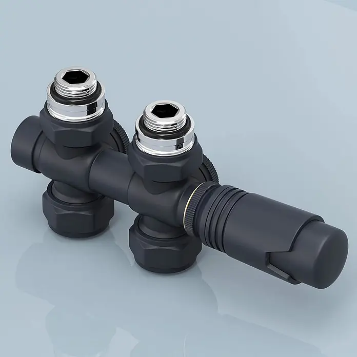 Emke Thermostatventil HTR - Durchgangsventil - Dunkelgraues Heizkörperventil mit zwei Chrom-Sechskantanschlüssen und seitlichem Regelknopf.