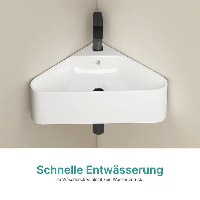 EMKE Wandwaschbecken CB25 -  - Weißes Keramik-Eckwaschbecken mit schwarzem Wasserhahn.