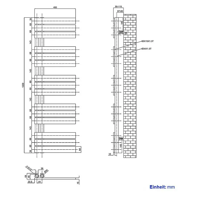 Emke Badheizkörper Flatrad SFTR1 - Weiß - Metall-Handtuchheizkörper, 1320x400mm, mit rechteckigen Querstreben und runden vertikalen Kollektoren.