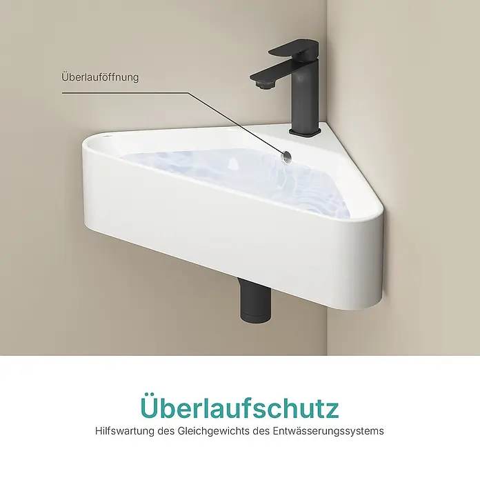 EMKE Wandwaschbecken CB25 -  - Weißes Eckwaschbecken mit schwarzem Wasserhahn und Überlaufschutz.