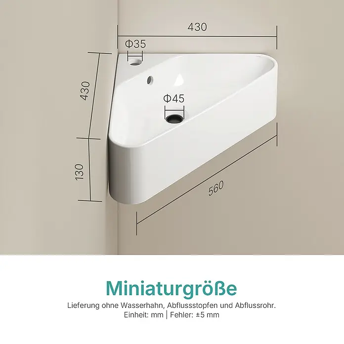 EMKE Wandwaschbecken CB25 -  - Weißes Keramik-Eckwaschbecken mit Maßen für Wasserhahn (Φ35) und Abfluss (Φ45).