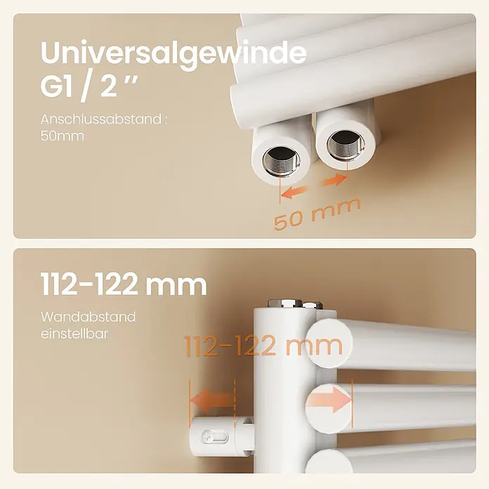 Emke Badheizkörper Orbrad SFTR5 - Weiß - Weiße Heizkörperanschlüsse mit Universalgewinde G1/2", 50mm Anschlussabstand und einstellbarem Wandabstand von 112-122mm.