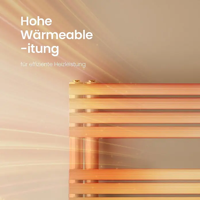 Emke Badheizkörper Orbrad SFTR5 - Weiß - Orangefarbener Heizkörper mit horizontalen Stäben, der Wärme abstrahlt und hohe Heizleistung anzeigt.