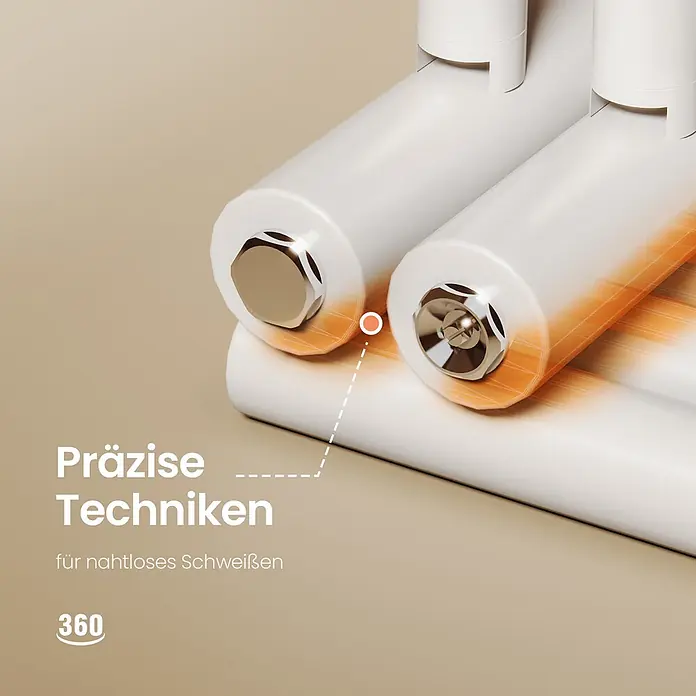 Emke Badheizkörper Orbrad SFTR5 - Weiß - Zwei weiße Rohre mit sechseckigen Metallanschlüssen, eines orange glühend für nahtloses Schweißen.