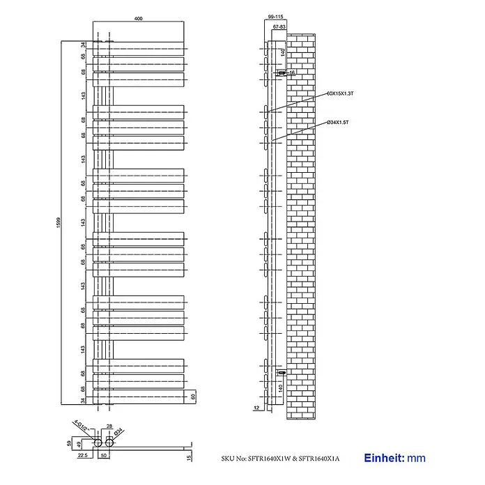 Emke Badheizkörper Flatrad SFTR1 - Schwarz - Technische Zeichnung eines vertikalen Handtuchheizkörpers, 1599x400mm, mit flachen Querrohren, runden Sammelrohren und Wandmontagedetails.