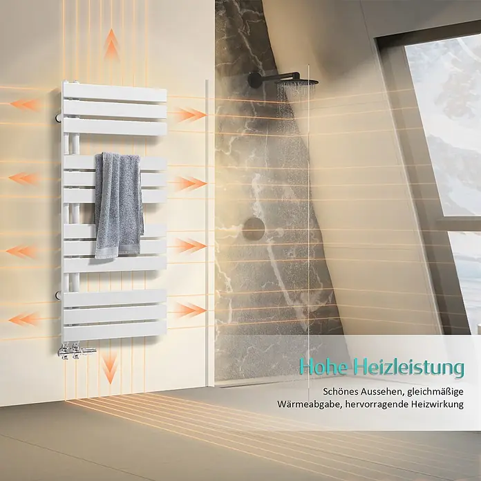 Emke Badheizkörper Flatrad SFTR1 - Weiß - Weißer Flachheizkörper mit grauem Handtuch in einem modernen Bad, strahlt Wärme für Komfort und Trocknung ab.