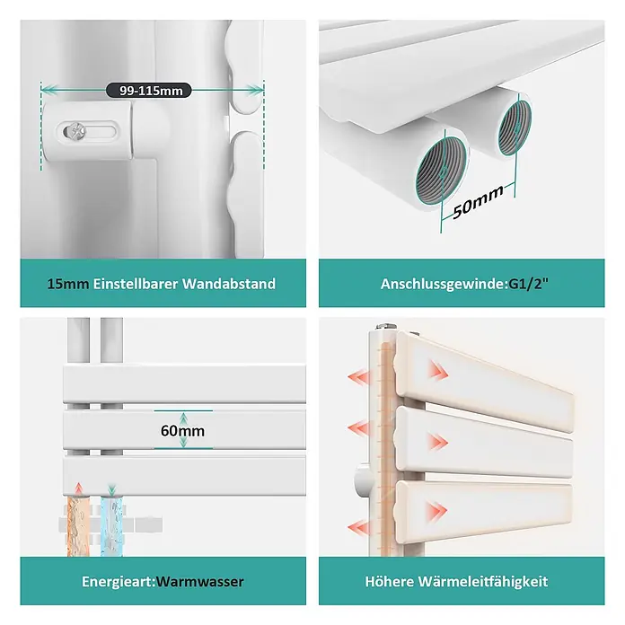 Emke Badheizkörper Flatrad SFTR1 - Weiß - Weißer Warmwasser-Heizkörper mit verstellbarem Wandabstand, G1/2"-Anschlüssen und hoher Wärmeleitfähigkeit, detailliert mit Maßen.