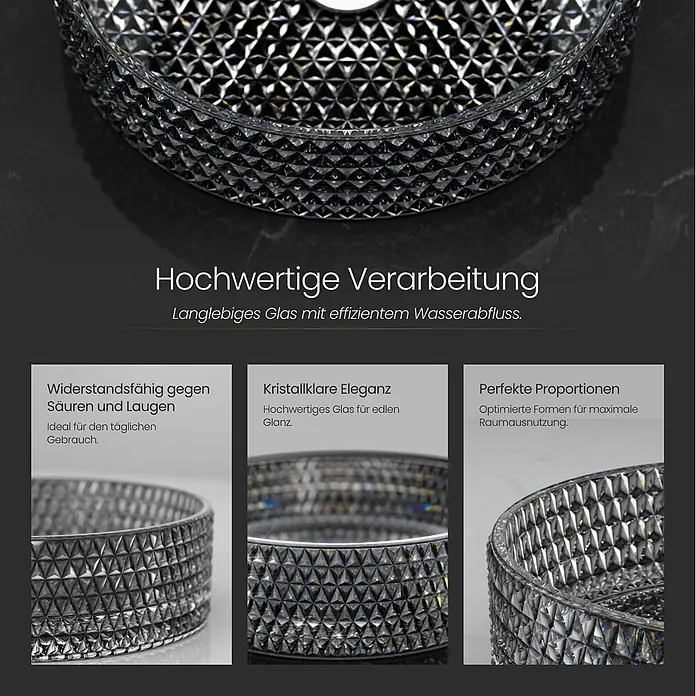 Emke Aufsatzwaschbecken Loviton CB18 - Hahnloch: Ohne, Ohne Überlauf, Schwarz - Facettiertes Glaswaschbecken für Badezimmer, mit edlem Glanz und effizientem Wasserabfluss.