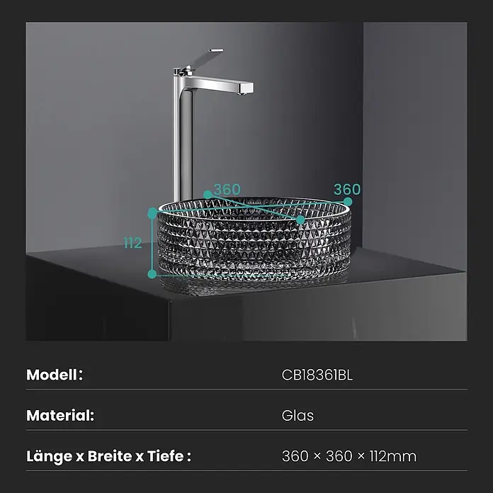 Emke Aufsatzwaschbecken Loviton CB18 - Hahnloch: Ohne, Ohne Überlauf, Schwarz - Rundes, facettiertes Glas-Aufsatzwaschbecken mit Chromarmatur, 360x360x112mm.