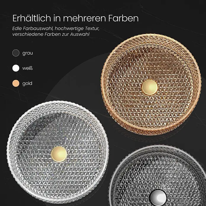 Emke Aufsatzwaschbecken Loviton CB18 - 36 x 36 cm, Hahnloch: Ohne, Ohne Überlauf, Schwarz - Drei runde, rautenförmig strukturierte Waschbecken in Gold, Klar und Grau. Sie bieten ein luxuriöses, hochwertiges Design.