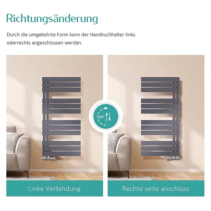 Emke Badheizkörper Flatrad SFTR1 - Anthrazit - Dunkelgrauer Handtuchheizkörper, flexibel installierbar, links oder rechts anschließbar durch 180°-Drehung.