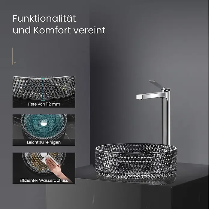 Emke Aufsatzwaschbecken Loviton CB18 - Hahnloch: Ohne, Ohne Überlauf, Schwarz - Rundes facettiertes Waschbecken aus grauem Glas mit Chromarmatur. Detailbilder zeigen 112mm Tiefe, leichte Reinigung u. effizienten Wasserablauf.