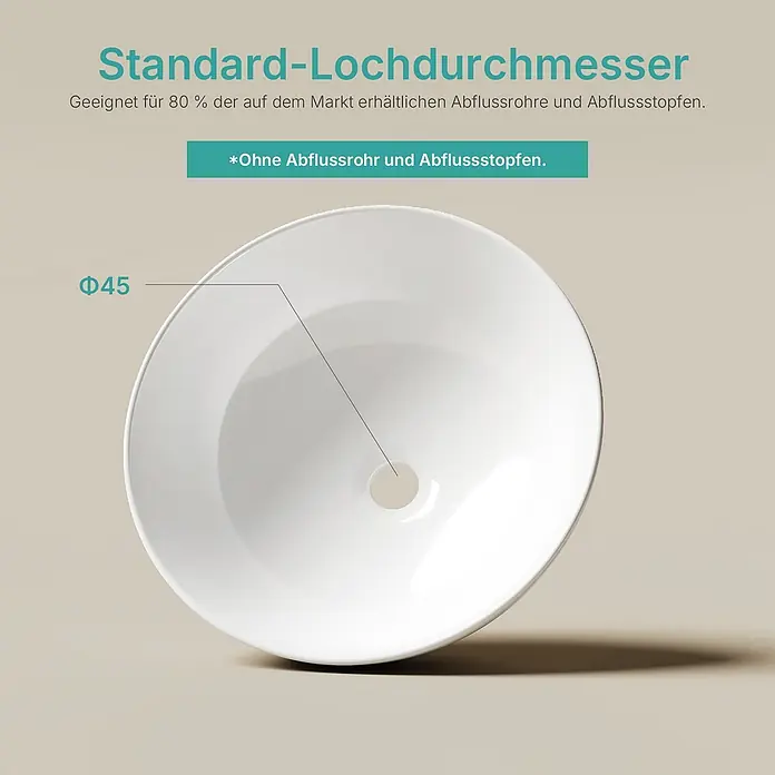 Emke Aufsatzwaschbecken Ceraround CB30 - 41 x 41 cm, Hahnloch: Ohne, Ohne Überlauf, Weiß - Weißes Waschbecken mit Standardabflussloch (Φ45 mm).