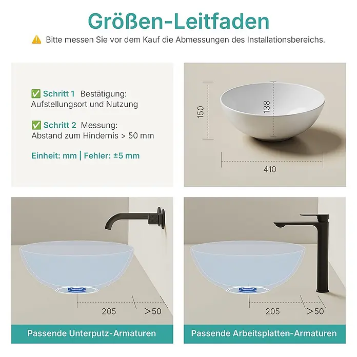 Emke Aufsatzwaschbecken Ceraround CB30 - 41 x 41 cm, Hahnloch: Ohne, Ohne Überlauf, Weiß - Größenleitfaden für ein weißes, rundes Waschbecken mit Maßen (Ø 410mm, H 150mm) und Installationsbeispielen für Wand- und Aufsatzarmaturen.