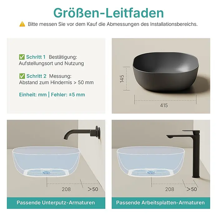 Emke Aufsatzwaschbecken Bovelari CB20 - 41,5 x 41,5 cm, Hahnloch: Ohne, Ohne Überlauf, Schwarz - Größen-Leitfaden für ein dunkelgraues ovales Waschbecken, mit Maßen (145x415mm) und Installationshinweisen für Unterputz- und Arbeitsplatten-Armaturen.