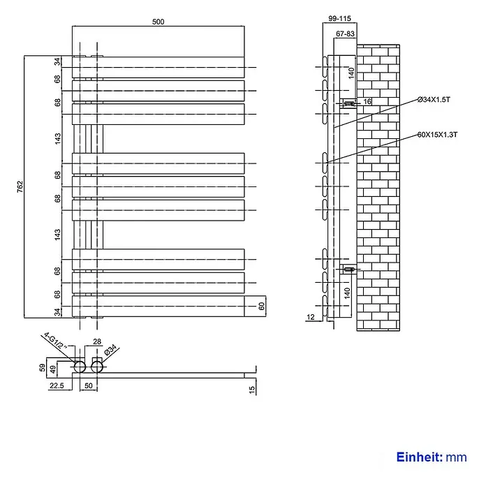 Emke Badheizkörper Flatrad SFTR1 - Weiß - Technische Zeichnung eines Handtuchwärmers mit Abmessungen, Anschlüssen und Details zur Wandmontage.