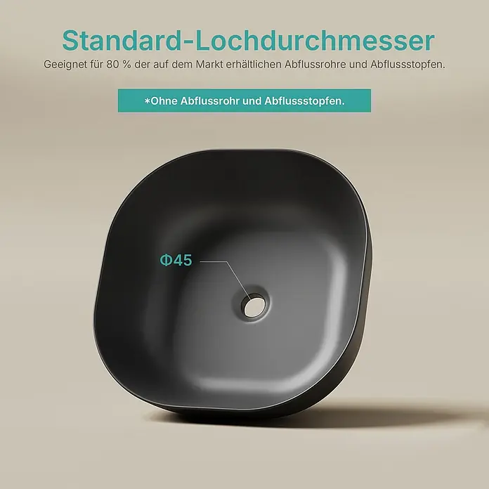 Emke Aufsatzwaschbecken Bovelari CB20 - 41,5 x 41,5 cm, Hahnloch: Ohne, Ohne Überlauf, Schwarz - Schwarzes quadratisches Waschbecken mit standardmäßigem Ø45 Abflussloch.