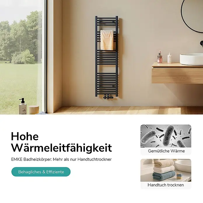 Emke Badheizkörper Orbrad TR - Anthrazit - Schwarzer EMKE Handtuchheizkörper im modernen Bad für behagliche Wärme und zum Trocknen von Handtüchern.