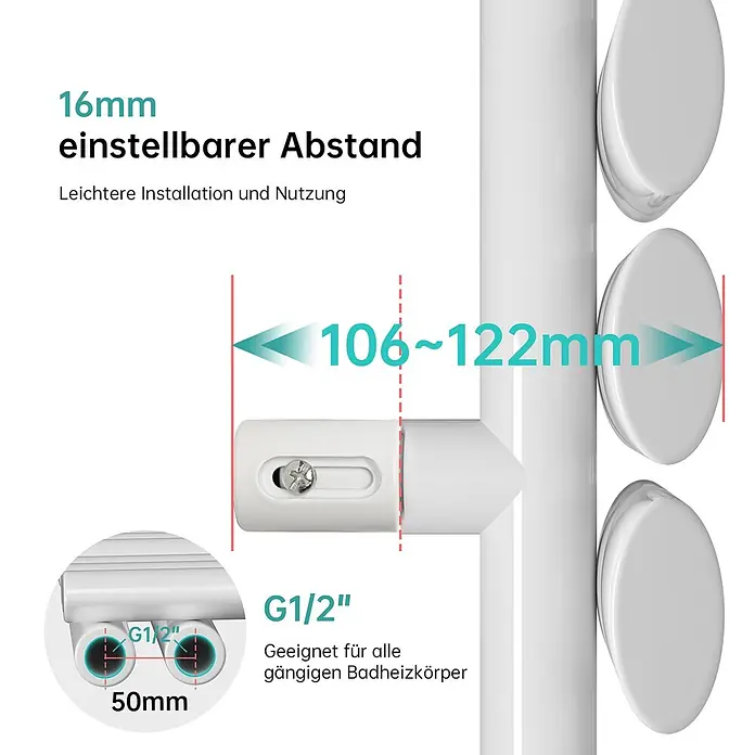 Emke Badheizkörper Orbrad SFTR4 - Weiß - Weißer Heizkörperanschluss mit 106-122mm einstellbarem Abstand und G1/2" Gewinde für 50mm Rohrabstand.