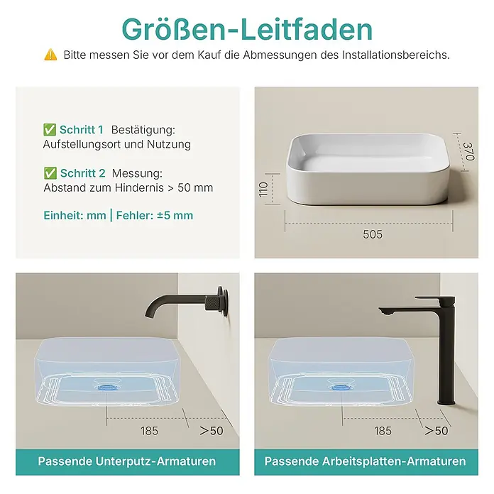 Emke Aufsatzwaschbecken CB29 - 37 x 50,5 cm, Hahnloch: Ohne, Ohne Überlauf, Weiß - Weiße rechteckige Waschbecken-Größenanleitung mit Maßen und passenden Armaturen-Beispielen.