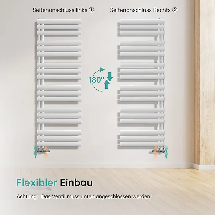 Emke Badheizkörper Orbrad SFTR4 - Weiß - Weißer Flachheizkörper, zeigt flexible Installation mit links-/rechtsseitigem Anschluss und 180°-Drehung.