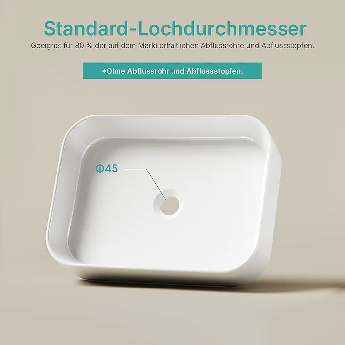 Emke Aufsatzwaschbecken CB29 - 37 x 50,5 cm, Hahnloch: Ohne, Ohne Überlauf, Weiß - Weißes rechteckiges Keramikwaschbecken mit 45mm Ablaufbohrung.