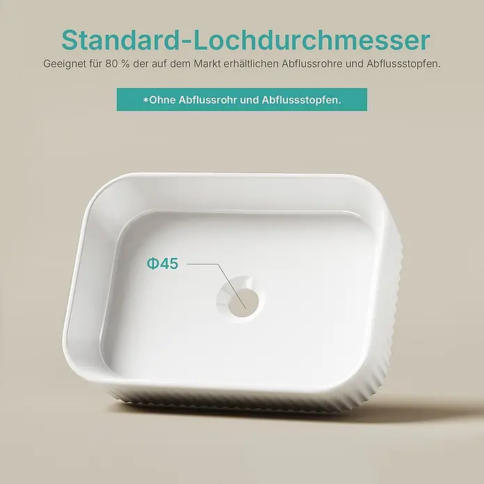 Emke Aufsatzwaschbecken CB27 - 32 x 45 cm, Hahnloch: Ohne, Ohne Überlauf, Weiß - Weißes, rechteckiges Waschbecken mit gerillter Außenseite und einem 45mm Abflussloch.