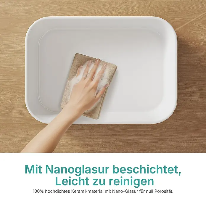 Emke Aufsatzwaschbecken CB27 - 32 x 45 cm, Hahnloch: Ohne, Ohne Überlauf, Weiß - Hand reinigt weißes Keramikbecken mit Nanoglasur und Seifenschwamm.