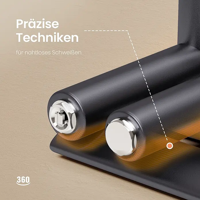 Emke Badheizkörper Orbrad SFTR4 - Anthrazit - Schwarze Heizwalzen mit Chromenden auf schwarzem Sockel, orange glühend für präzises, nahtloses Schweißen.