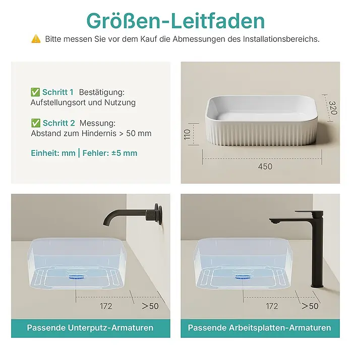 Emke Aufsatzwaschbecken CB27 - 32 x 45 cm, Hahnloch: Ohne, Ohne Überlauf, Weiß - Größenleitfaden für ein weißes, rechteckiges Rillenwaschbecken, mit Maßen und Installationsbeispielen für schwarze Wand- und Aufsatzarmaturen.