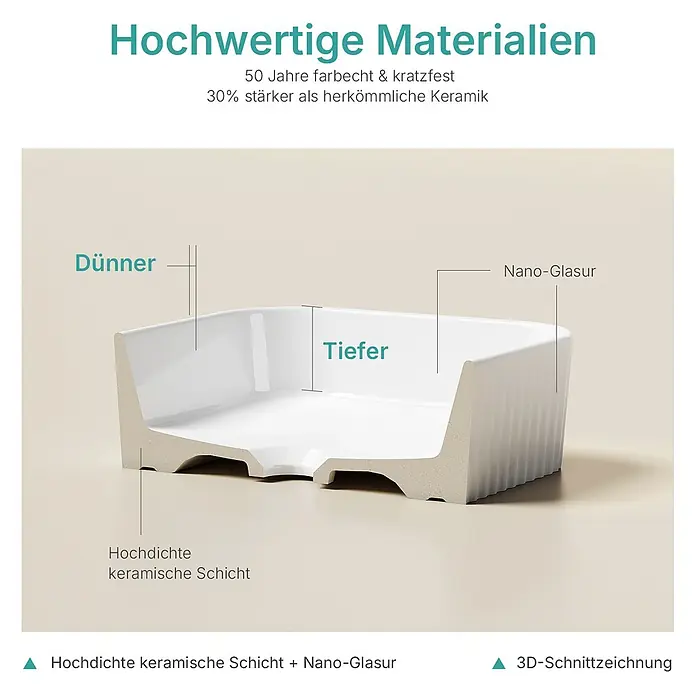 Emke Aufsatzwaschbecken CB27 - 32 x 45 cm, Hahnloch: Ohne, Ohne Überlauf, Weiß - Schnittbild eines Waschbeckens mit hochdichter Keramikschicht und Nano-Glasur, hervorhebend dünne Wände und tiefes Design.
