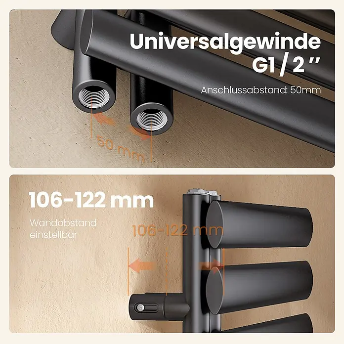 Emke Badheizkörper Orbrad SFTR4 - Anthrazit - Schwarzer Handtuchheizkörper mit G1/2"-Universalgewinde, 50mm Anschlussabstand und 106-122mm einstellbarem Wandabstand.