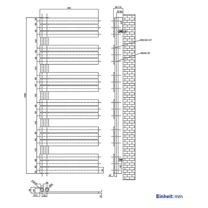 Emke Badheizkörper Flatrad SFTR1 - Weiß - Weißer vertikaler Heizkörper/Handtuchwärmer (1599x600mm) mit flachen und runden Heizrohren, inkl. Maßen und Wandmontagedetails.
