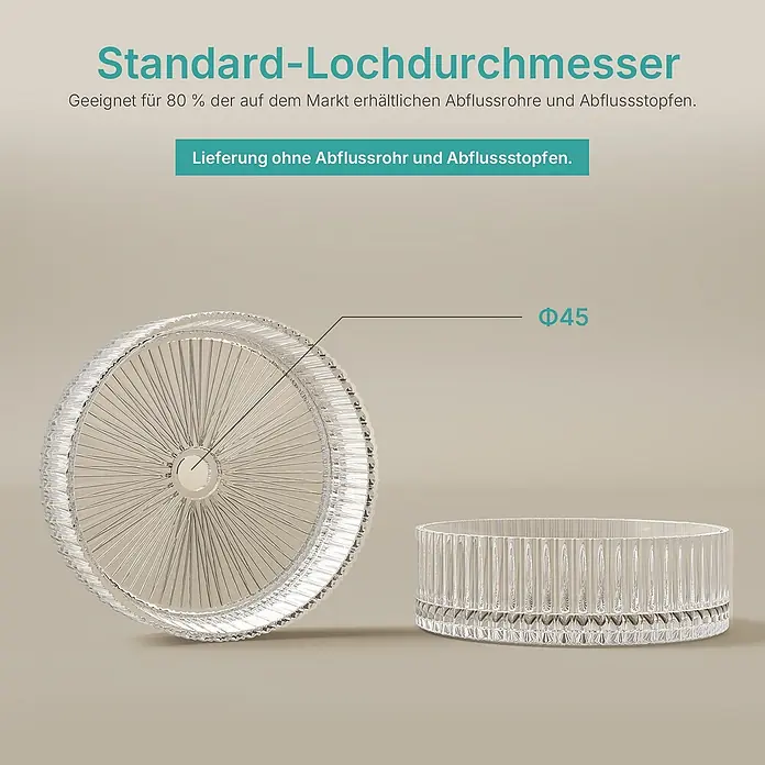Emke Aufsatzwaschbecken Loviton CB32 - 40 x 40 cm, Hahnloch: Ohne, Ohne Überlauf, Klar - Transparenter geriffelter Glas-Abflussdeckel, 45 mm Durchmesser.