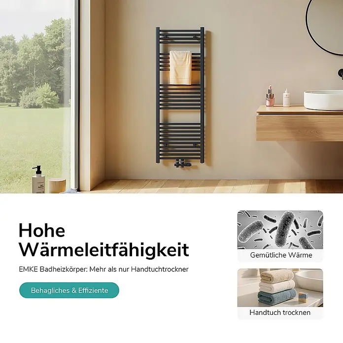 Emke Badheizkörper Orbrad TR - Anthrazit - Dunkelgrauer Handtuchheizkörper in einem modernen Badezimmer, mit einem hellen Handtuch zum Trocknen darauf, was effizientes Heizen andeutet.