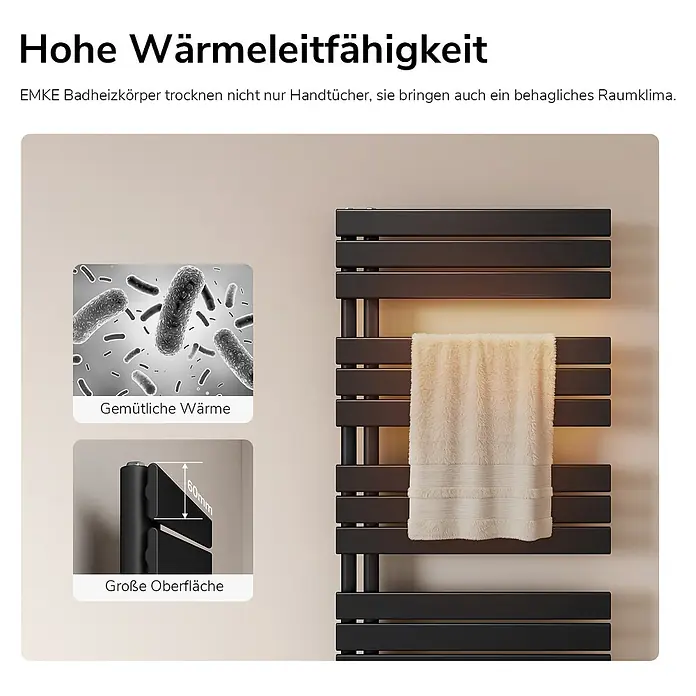 Emke Badheizkörper Flatrad SFTR1 - Schwarz - Schwarzer Handtuchheizkörper mit beigem Handtuch.