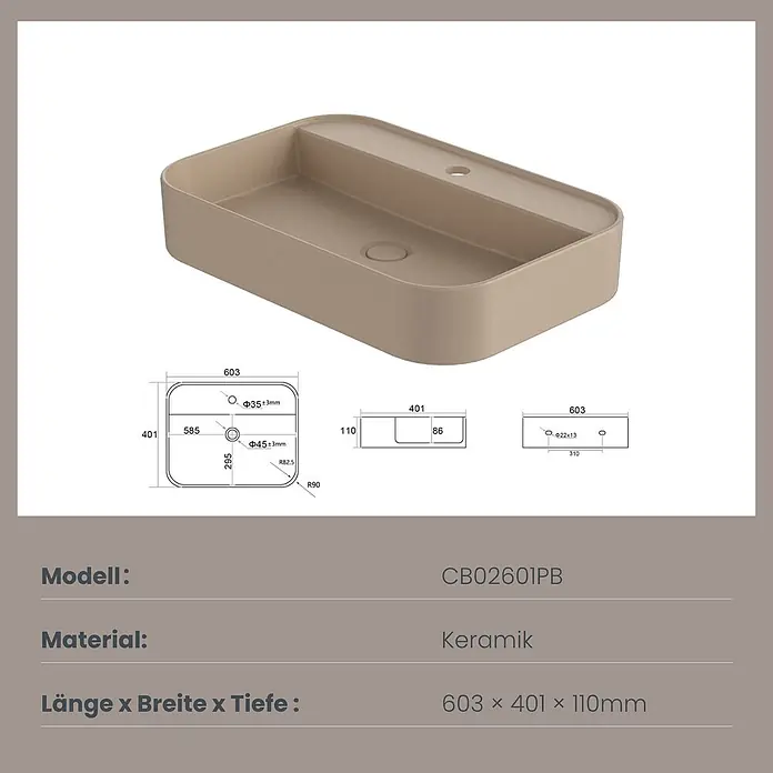 Emke Aufsatzwaschbecken Ceraform CB02 - Hahnloch: Mitte, Ohne Überlauf, Beige - Beiges, rechteckiges Keramik-Waschbecken.