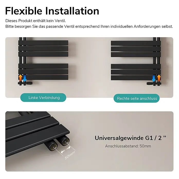 Emke Badheizkörper Flatrad SFTR1 - Schwarz - Schwarzer Handtuchheizkörper mit flexiblen Ventilanschlüssen (links/rechts), Universalgewinde G1/2" und 50mm Abstand. Ventil nicht enthalten.