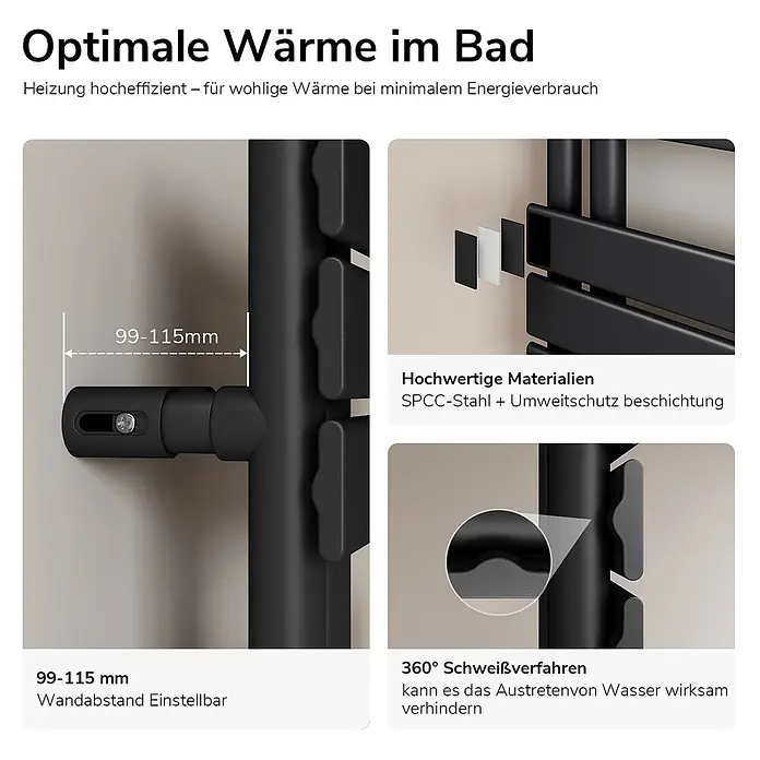 Emke Badheizkörper Flatrad SFTR1 - Schwarz - Schwarzer Handtuchheizkörper mit einstellbarem Wandabstand, gefertigt aus SPCC-Stahl mit umweltfreundlicher Beschichtung und 360° Schweißverfahren.