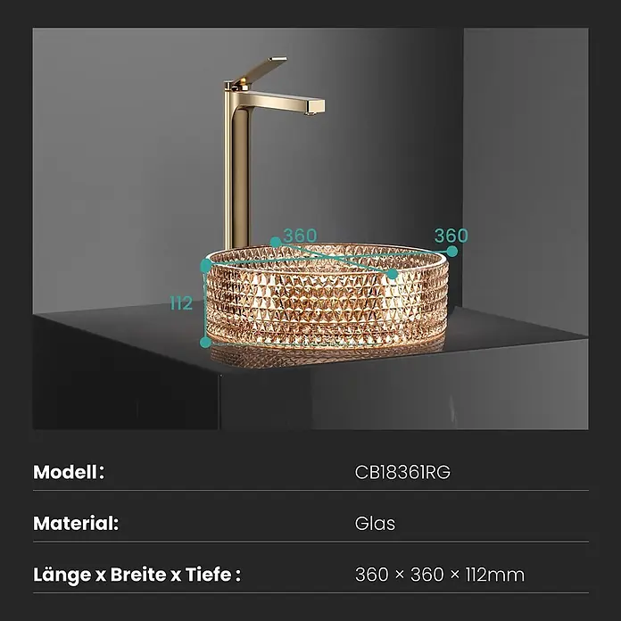 Emke Aufsatzwaschbecken Loviton CB18 - 36 x 36 cm, Hahnloch: Ohne, Ohne Überlauf, Roségold - Goldenes, facettiertes Glaswaschbecken (360x360x112mm) mit passendem Goldhahn auf dunklem Waschtisch.