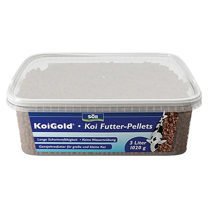 Söll Teich-Fischfutter KoiGold - 1.020 g - Abbildung von Söll KoiGold Koi Futter-Pellets, einem schwimmfähigen Ganzjahresfutter für große und kleine Koi in einer 3 Liter Packung.