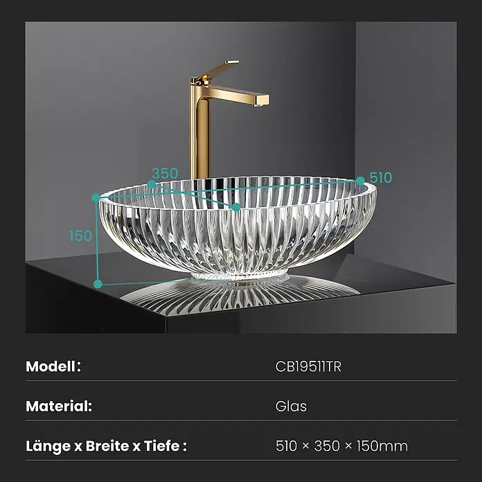 Emke Aufsatzwaschbecken Glaval CB19 - 35 x 51 cm, Hahnloch: Ohne, Ohne Überlauf, Transparent - Klares Glaswaschbecken mit Rillenstruktur und goldenem Wasserhahn, Maße: 510x350x150mm.