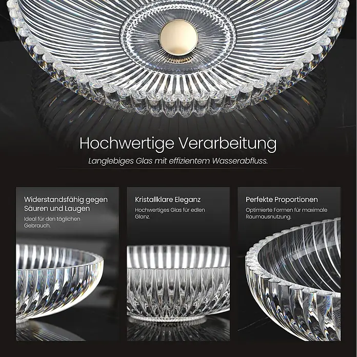 Emke Aufsatzwaschbecken Glaval CB19 - 35 x 51 cm, Hahnloch: Ohne, Ohne Überlauf, Transparent - Elegantes, hochwertiges, klares geripptes Glasgeschirr, das sein langlebiges und raffiniertes Design hervorhebt.