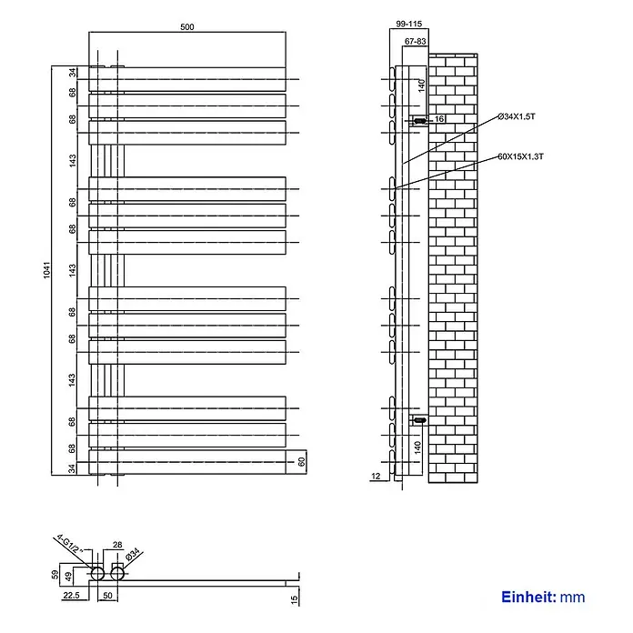 Emke Badheizkörper Flatrad SFTR1 - Weiß - Wandmontierter beheizter Handtuchhalter, 1041x500mm, mit mehreren horizontalen Stangen und Rohrverbindungen.