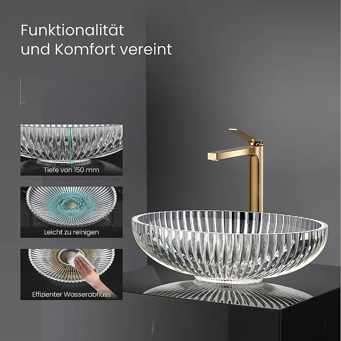 Emke Aufsatzwaschbecken Glaval CB19 - 35 x 51 cm, Hahnloch: Ohne, Ohne Überlauf, Transparent - Klarglas-Waschbecken mit Rillenstruktur und goldener Armatur auf dunklem Untergrund. Einblendungen zeigen 150mm Tiefe, leichte Reinigung und effizienten Wasserablauf.