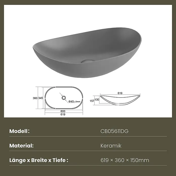 Emke Aufsatzwaschbecken Bovelari CB05 - 36 x 61,5 cm, Hahnloch: Ohne, Ohne Überlauf, Grau - Graues ovales Keramik-Waschbecken, 619x360x150mm.